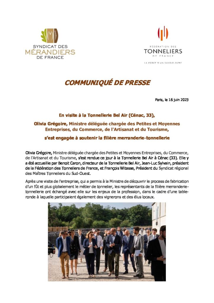 Syndicat des Mérandiers de France - Communiqué de Presse Visite de la Ministre O.Grégoire à la Tonnellerie Bel Air